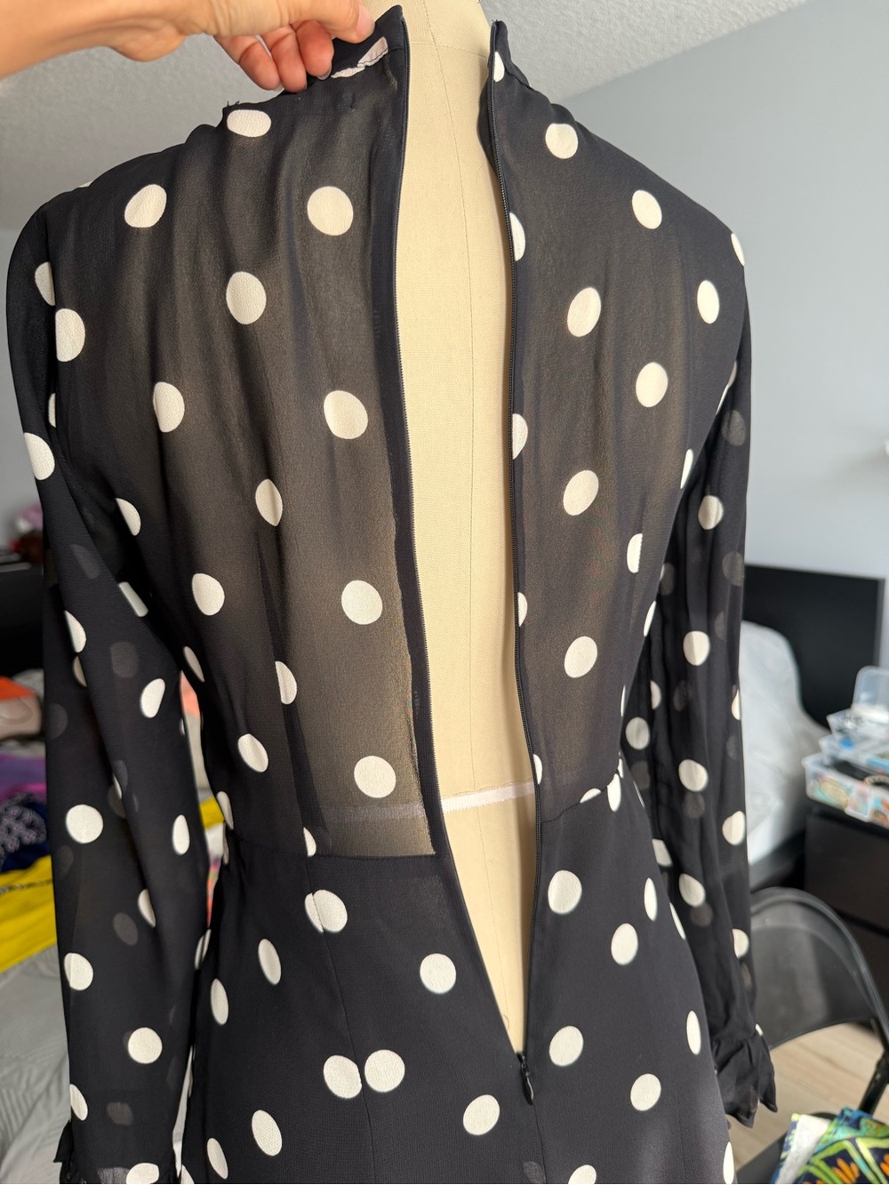 Reformation Black and White Polka Dot Tie-Neck Dress Size 2 - Picture 10 of 10